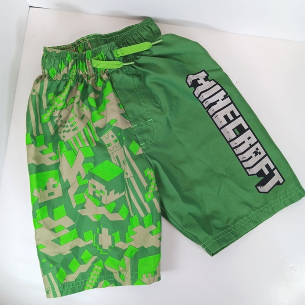 NWOT Minecraft Boys Graphic Swim Trunks Green Kids Board Shorts Size M